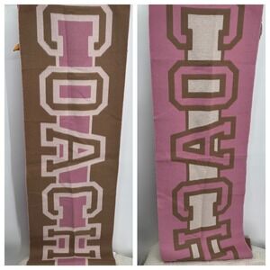 NEW Coach Wool Blend Scarf Pink Taupe Logo Jacquard Fringe Reversible 69"x‎ 19"